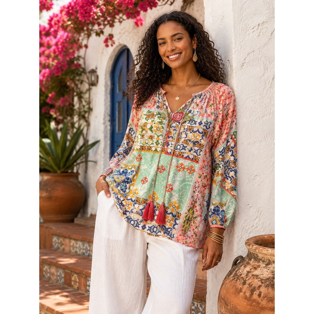 Feathers by Tolani XL Embroidered Patchwork‎ Boho Tunic Top Floral Tassel Blouse